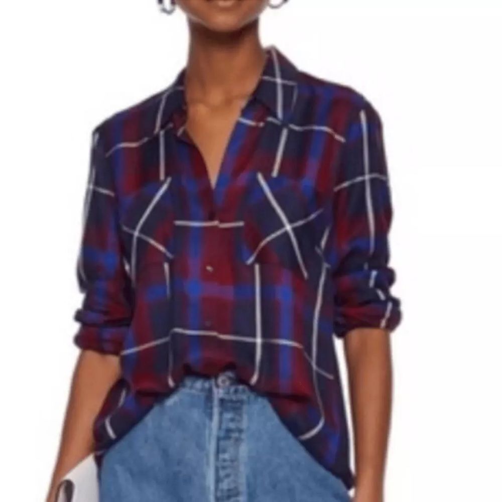 L'AGENCE Red and Blue Plaid Button Down Shirt - Picture 8 of 9
